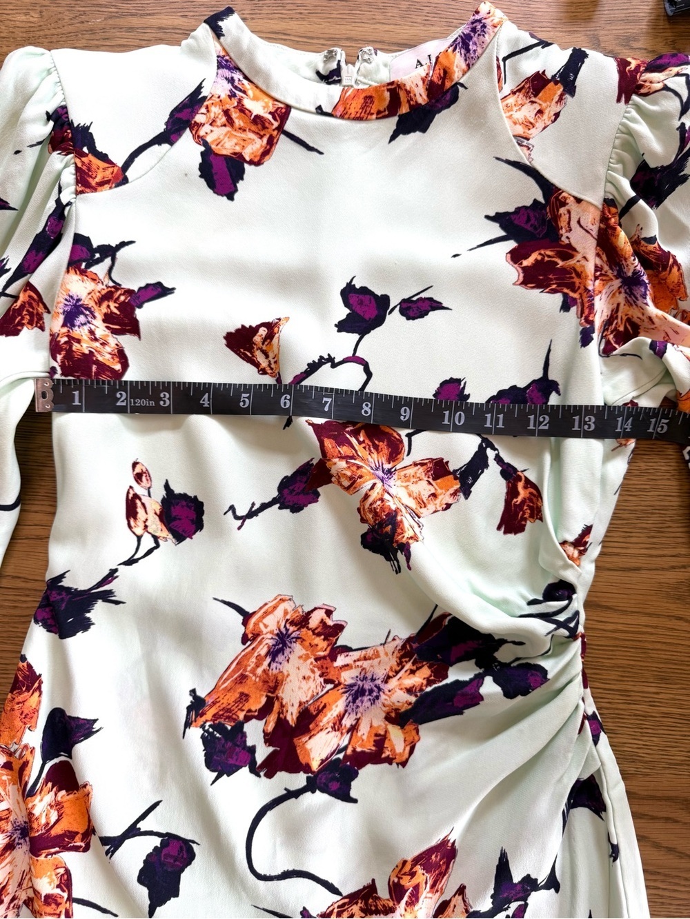 A.L.C. Jane Floral Mini Dress Mint Long Sleeve Ruched Designer Size 4 - Picture 3 of 16